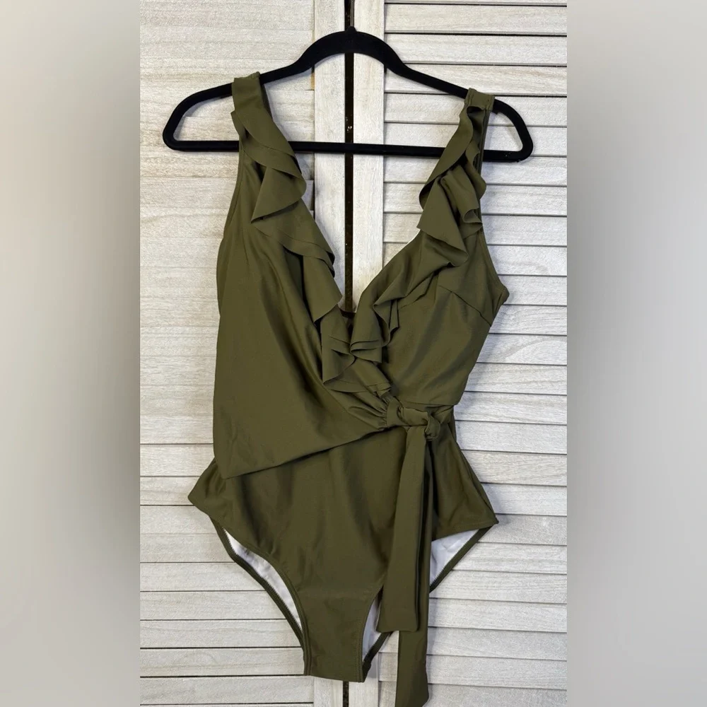 Olive Green Ruffle One Piece Swimsuit Size Large Tummy Control Beach Chic